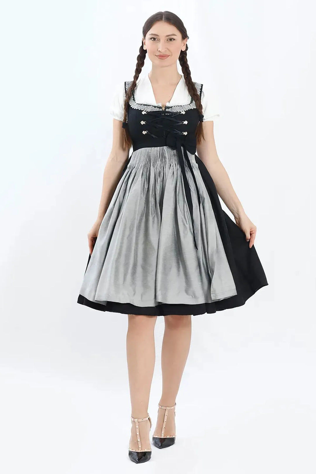 Dirndl Midi Damen | Elegantes Trachtenkleid mit Schürze, Zierdetails und figurbetonter Passform für Oktoberfest