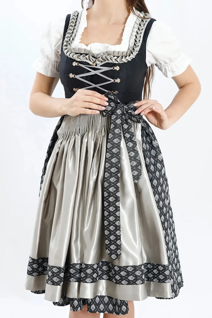 Dirndl Midi Damen | Elegantes Trachtenkleid mit Schürze, Zierdetails und figurbetonter Passform für Oktoberfest