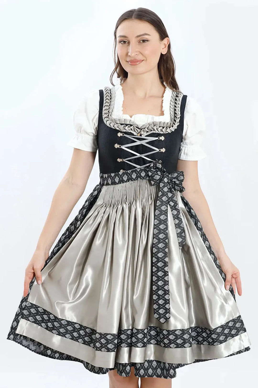 Dirndl Midi Damen | Elegantes Trachtenkleid mit Schürze, Zierdetails und figurbetonter Passform für Oktoberfest