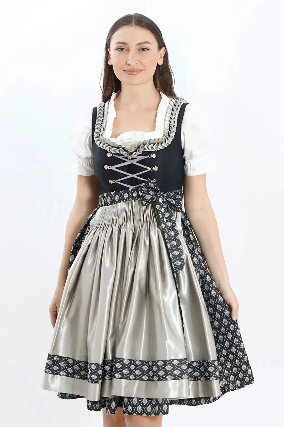 Dirndl Midi Damen | Elegantes Trachtenkleid mit Schürze, Zierdetails und figurbetonter Passform für Oktoberfest