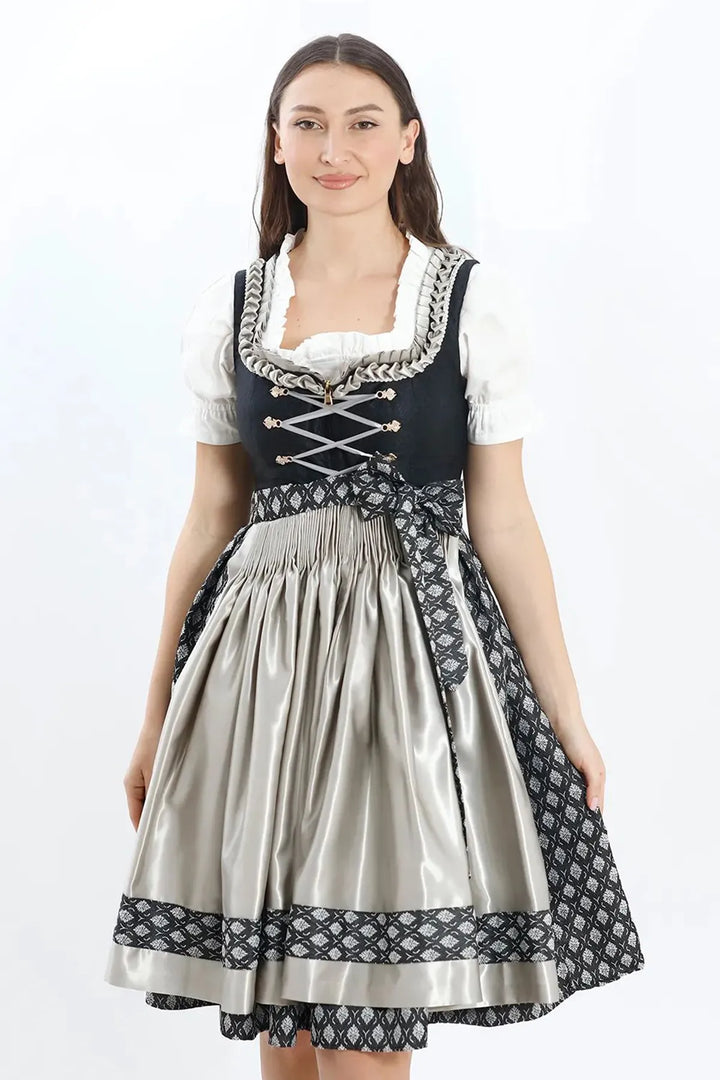 Dirndl Midi Damen | Elegantes Trachtenkleid mit Schürze, Zierdetails und figurbetonter Passform für Oktoberfest