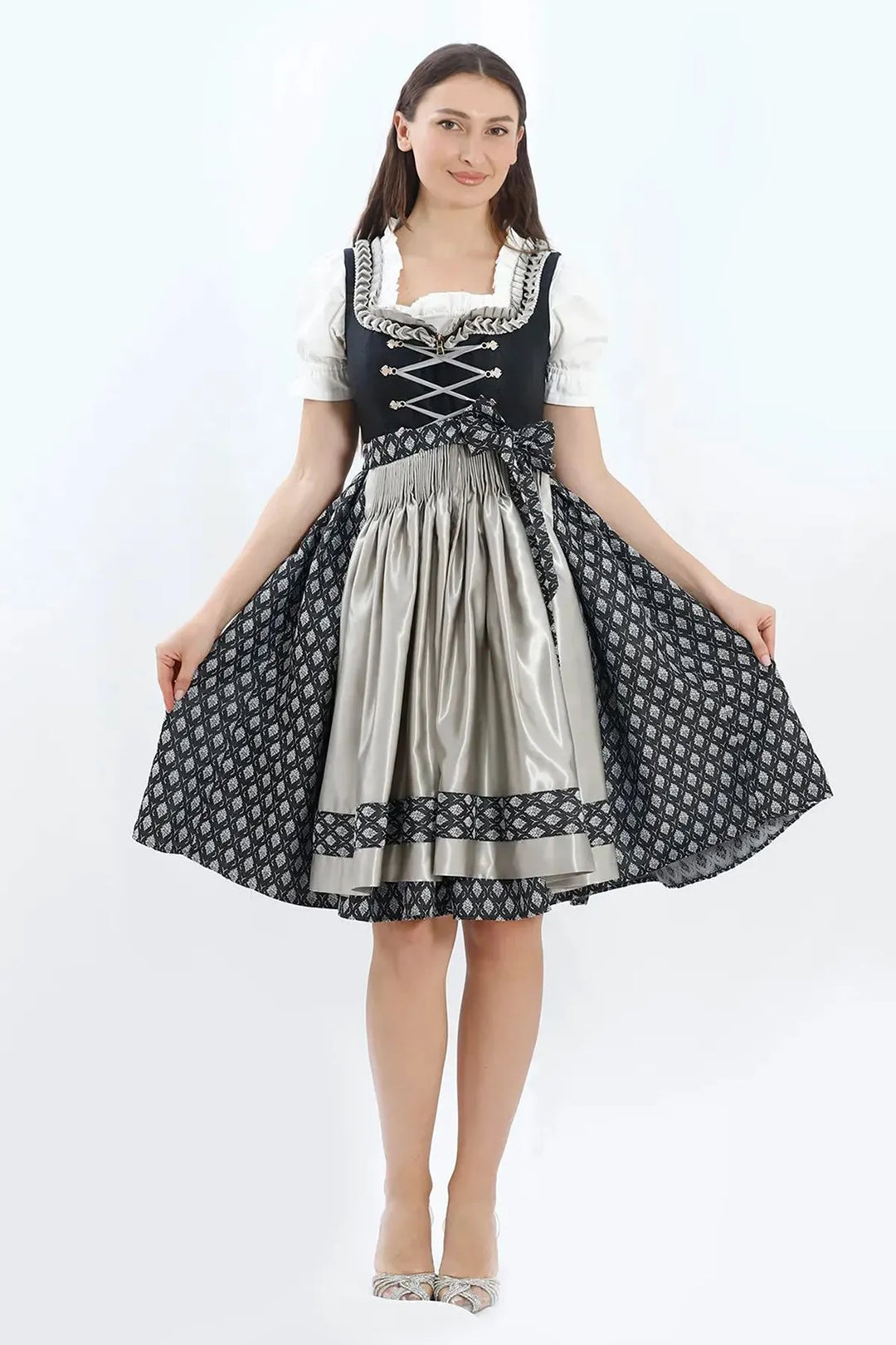 Dirndl Midi Damen | Elegantes Trachtenkleid mit Schürze, Zierdetails und figurbetonter Passform für Oktoberfest
