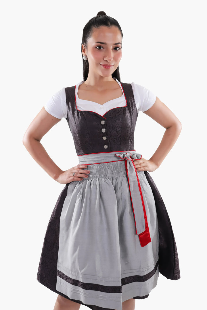 Dirndl Midi Damen Schwarz Rot | Trachtenkleid mit strukturiertem Mieder, Stickereien und Schürze für Oktoberfest