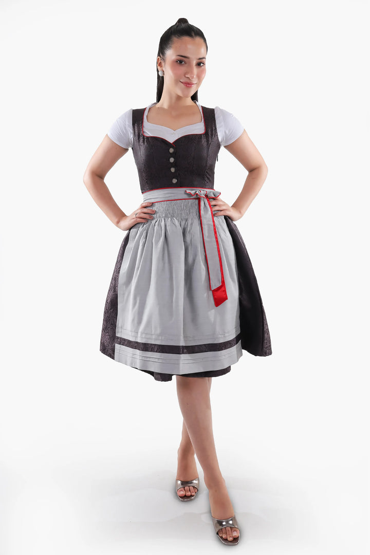 Dirndl Midi Damen Schwarz Rot | Trachtenkleid mit strukturiertem Mieder, Stickereien und Schürze für Oktoberfest