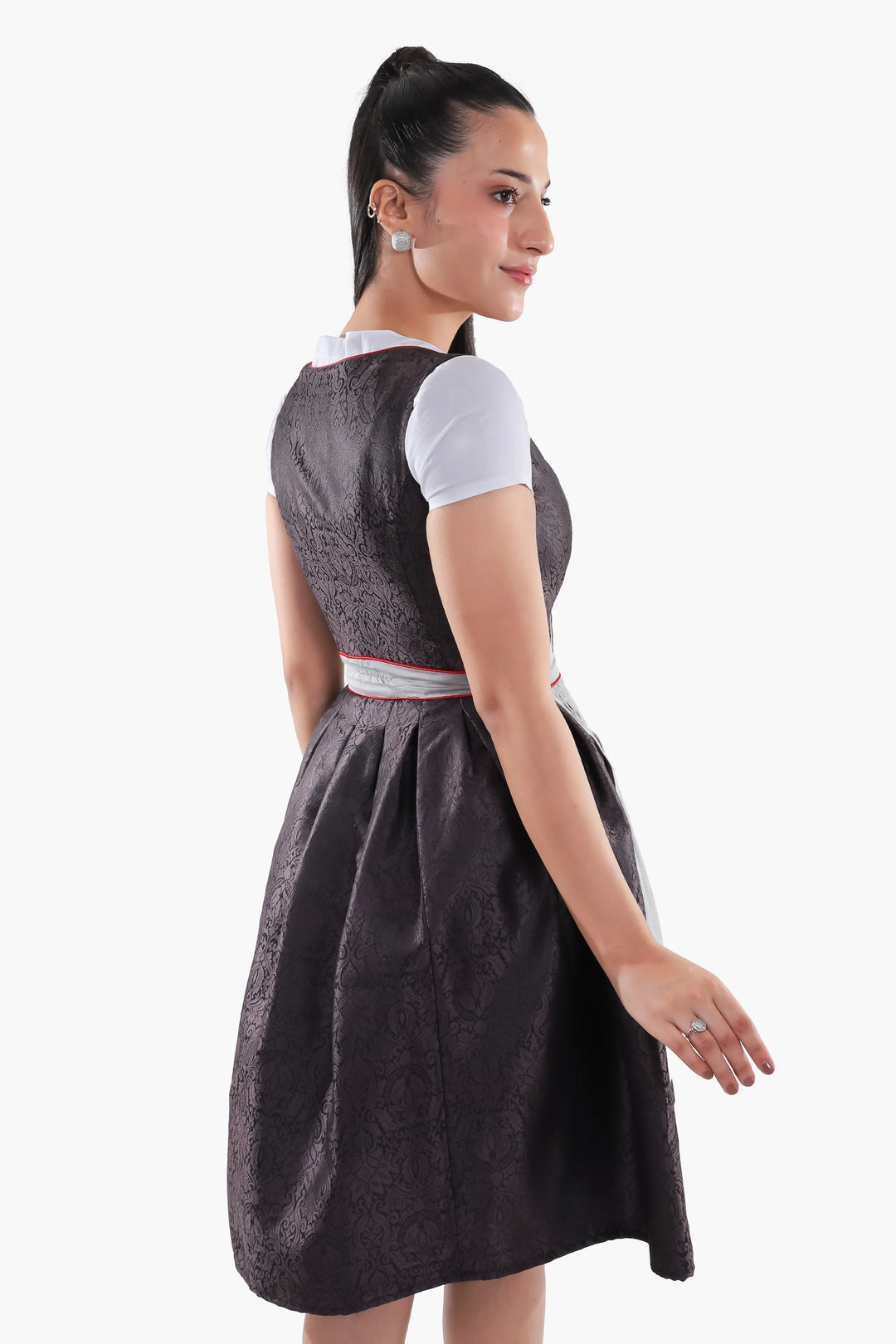 Dirndl Midi Damen Schwarz Rot | Trachtenkleid mit strukturiertem Mieder, Stickereien und Schürze für Oktoberfest