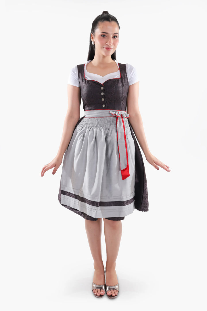 Dirndl Midi Damen Schwarz Rot | Trachtenkleid mit strukturiertem Mieder, Stickereien und Schürze für Oktoberfest