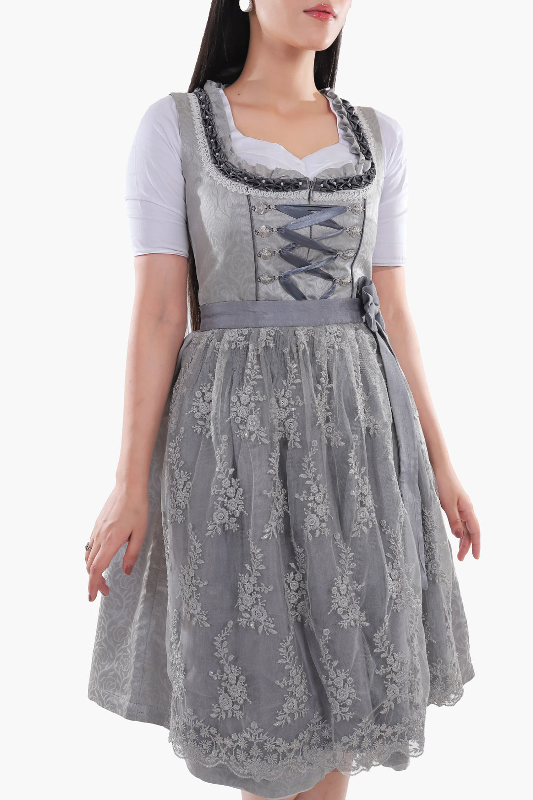 Dirndl Midi Damen | Trachtenkleid mit strukturiertem Mieder, Stickereien und Schürze für Oktoberfest