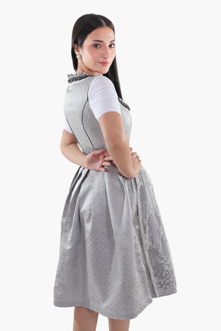 Dirndl Midi Damen | Trachtenkleid mit strukturiertem Mieder, Stickereien und Schürze für Oktoberfest