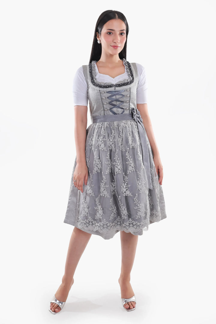 Dirndl Midi Damen | Trachtenkleid mit strukturiertem Mieder, Stickereien und Schürze für Oktoberfest
