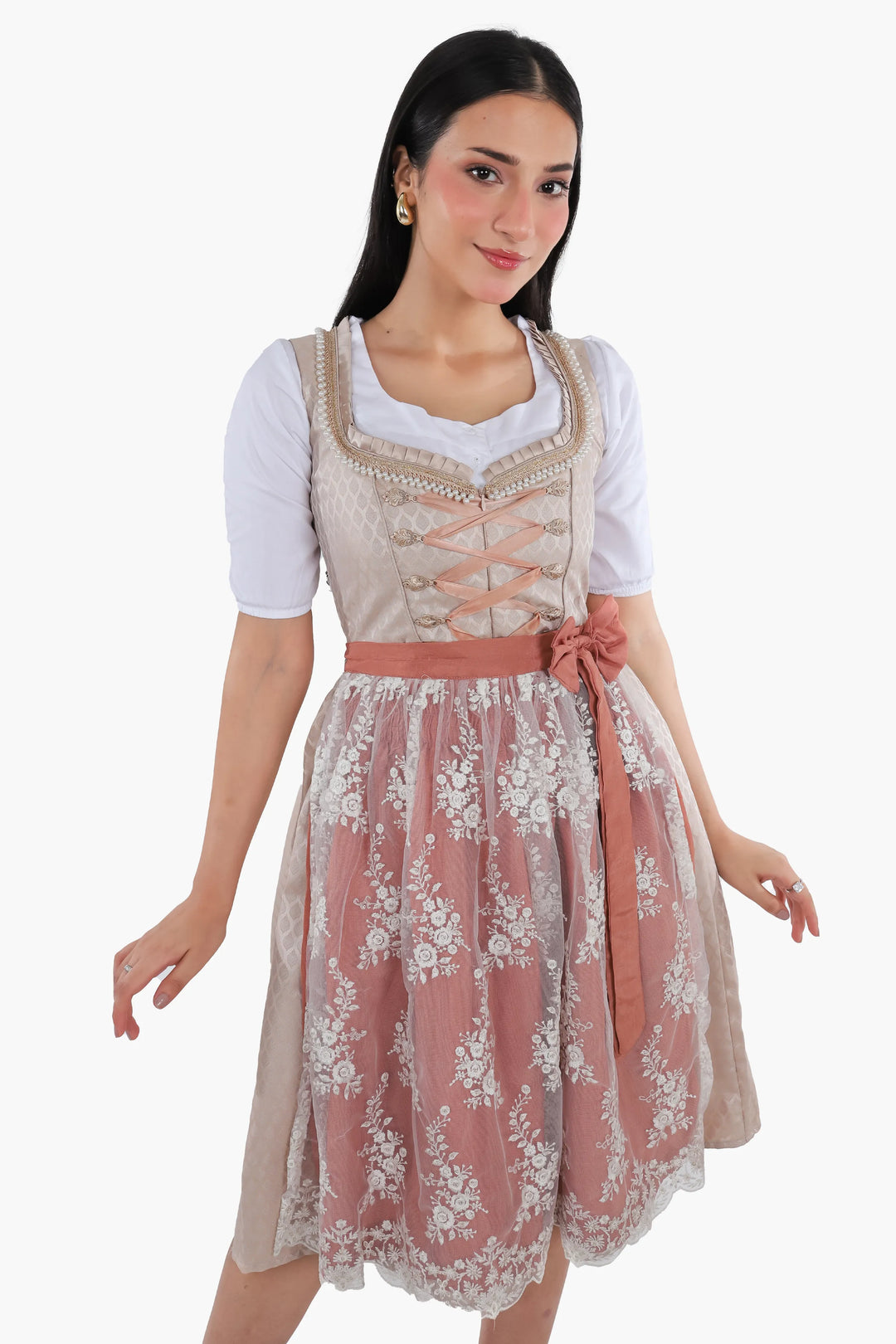 Dirndl Midi Damen Roségold | Trachtenkleid mit strukturiertem Mieder, Stickereien und Schürze für Oktoberfest