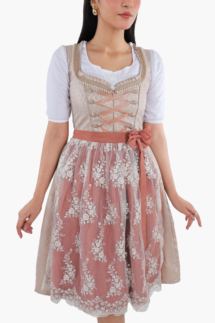 Dirndl Midi Damen Roségold | Trachtenkleid mit strukturiertem Mieder, Stickereien und Schürze für Oktoberfest