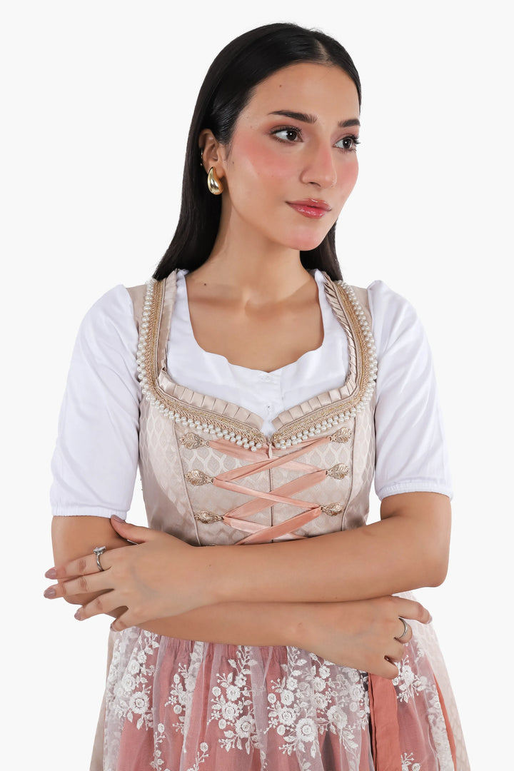Dirndl Midi Damen Roségold | Trachtenkleid mit strukturiertem Mieder, Stickereien und Schürze für Oktoberfest