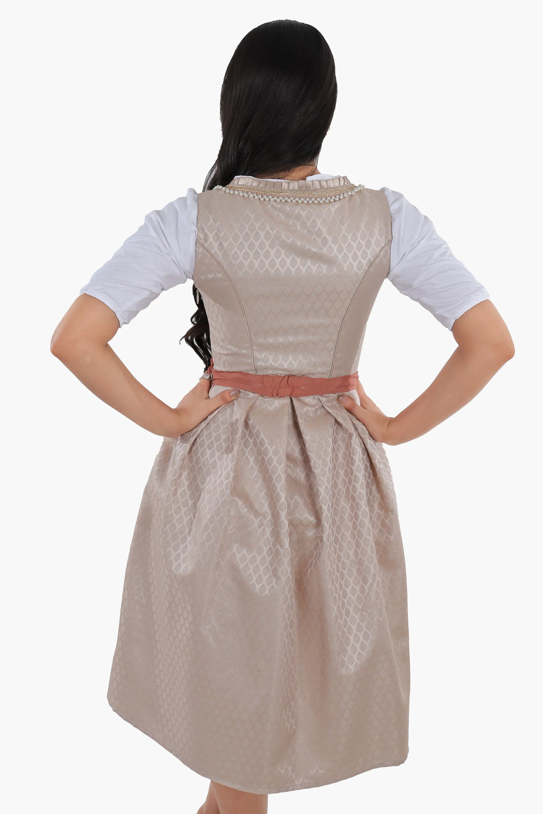 Dirndl Midi Damen Roségold | Trachtenkleid mit strukturiertem Mieder, Stickereien und Schürze für Oktoberfest