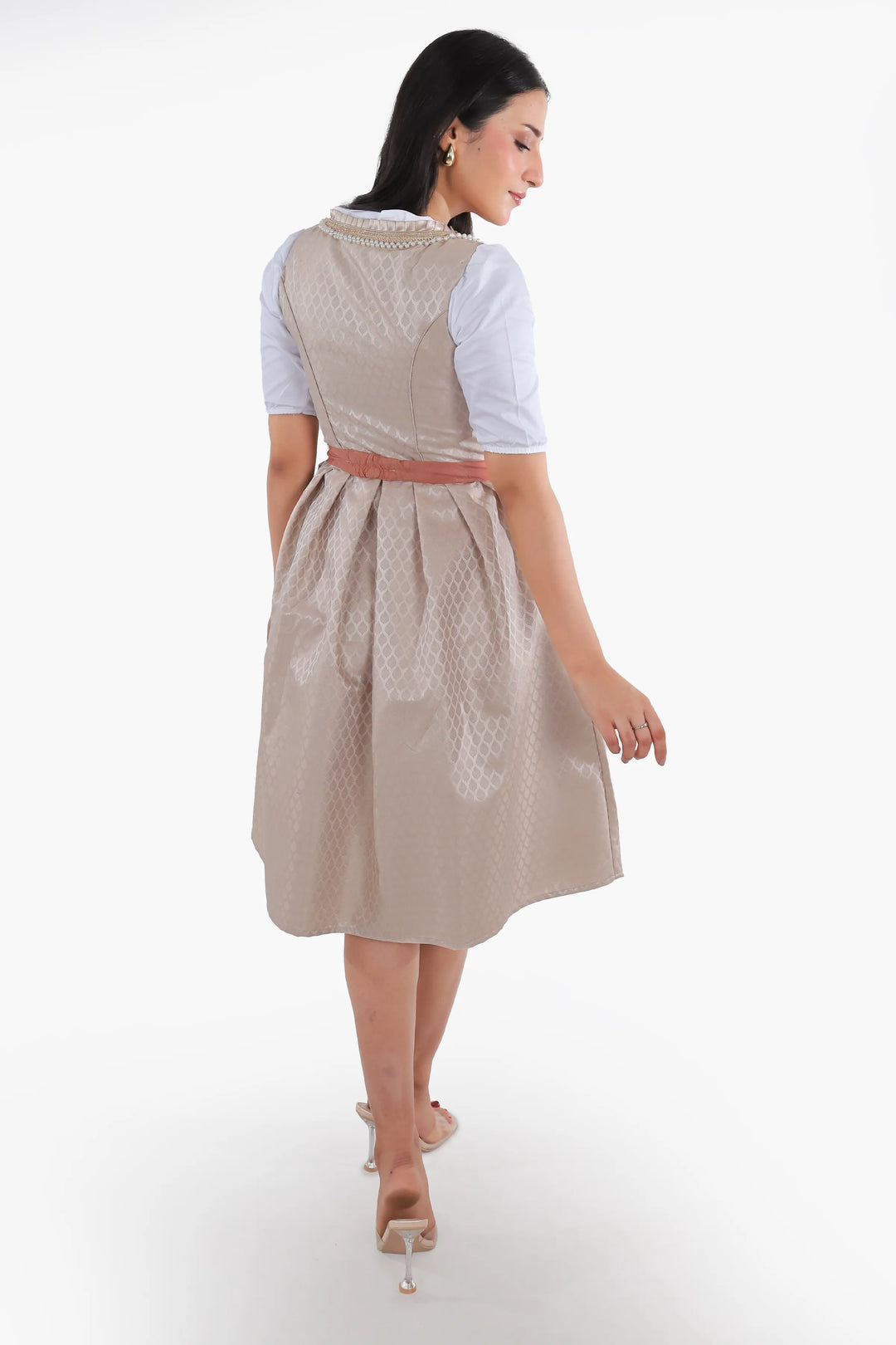 Dirndl Midi Damen Roségold | Trachtenkleid mit strukturiertem Mieder, Stickereien und Schürze für Oktoberfest