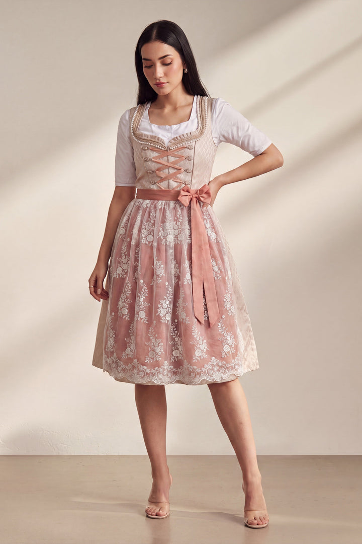 Dirndl Midi Damen Roségold | Trachtenkleid mit strukturiertem Mieder, Stickereien und Schürze für Oktoberfest