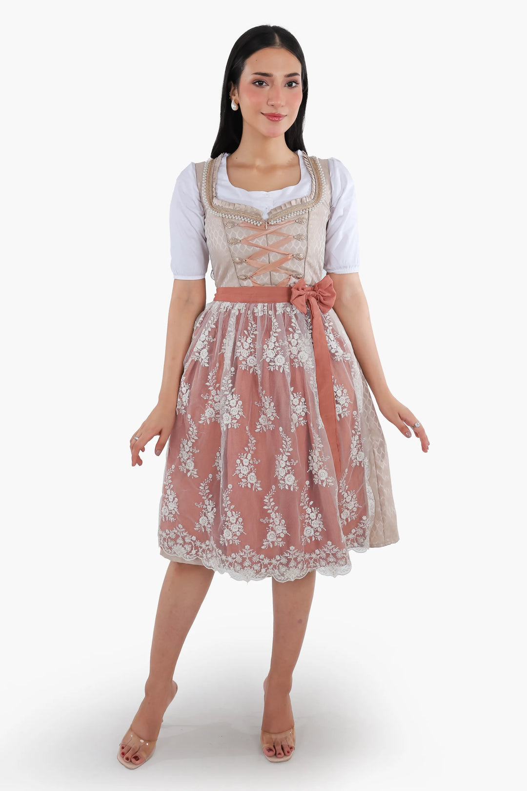 Dirndl Midi Damen Roségold | Trachtenkleid mit strukturiertem Mieder, Stickereien und Schürze für Oktoberfest
