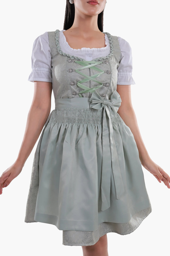 Dirndl Midi Damen Mintgrün | Trachtenkleid mit strukturiertem Mieder, Stickereien und Schürze für Oktoberfest