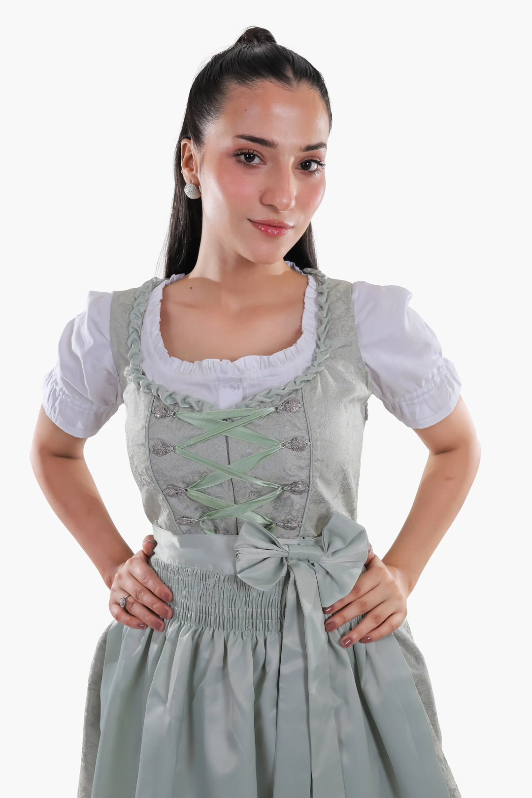 Dirndl Midi Damen Mintgrün | Trachtenkleid mit strukturiertem Mieder, Stickereien und Schürze für Oktoberfest