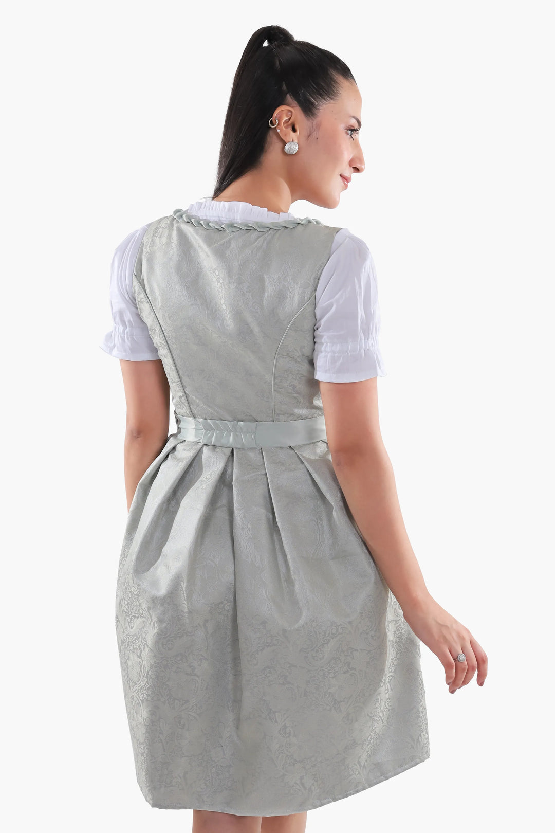 Dirndl Midi Damen Mintgrün | Trachtenkleid mit strukturiertem Mieder, Stickereien und Schürze für Oktoberfest