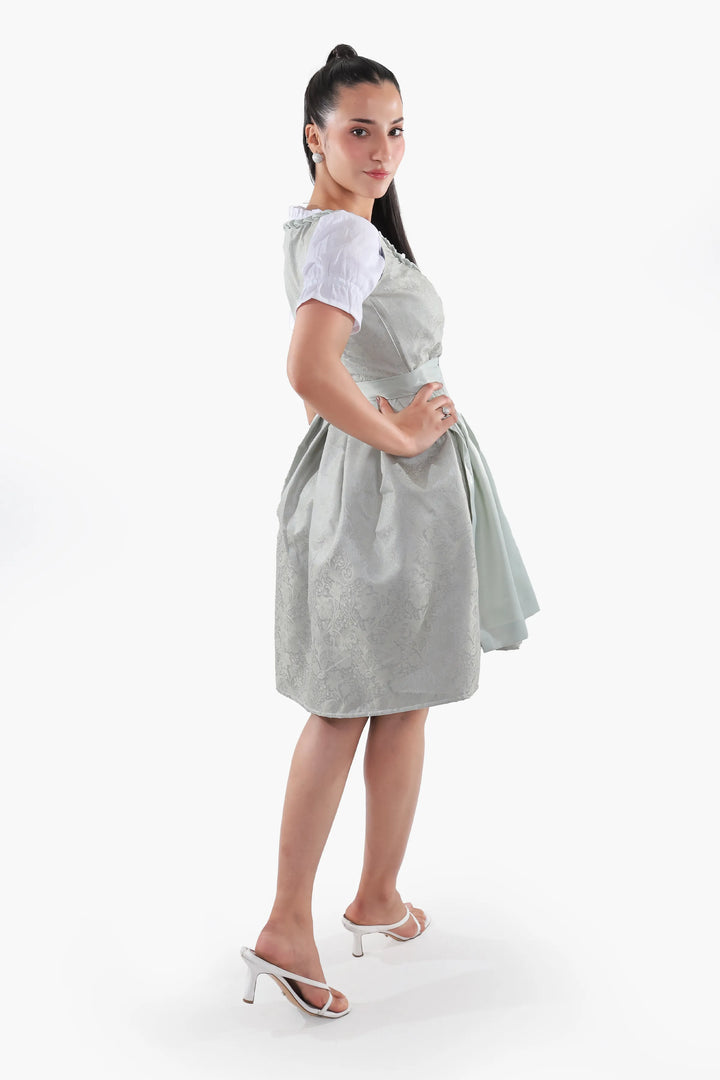 Dirndl Midi Damen Mintgrün | Trachtenkleid mit strukturiertem Mieder, Stickereien und Schürze für Oktoberfest