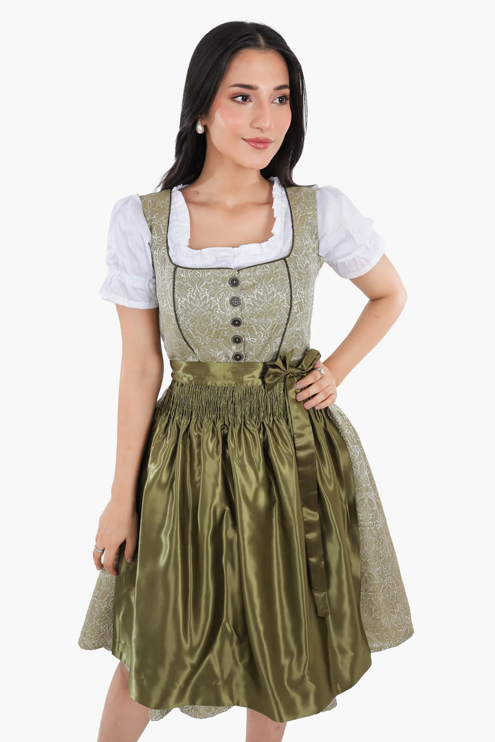 Dirndl Midi Damen Waldgrün | Trachtenkleid mit strukturiertem Mieder, Stickereien und Schürze für Oktoberfest