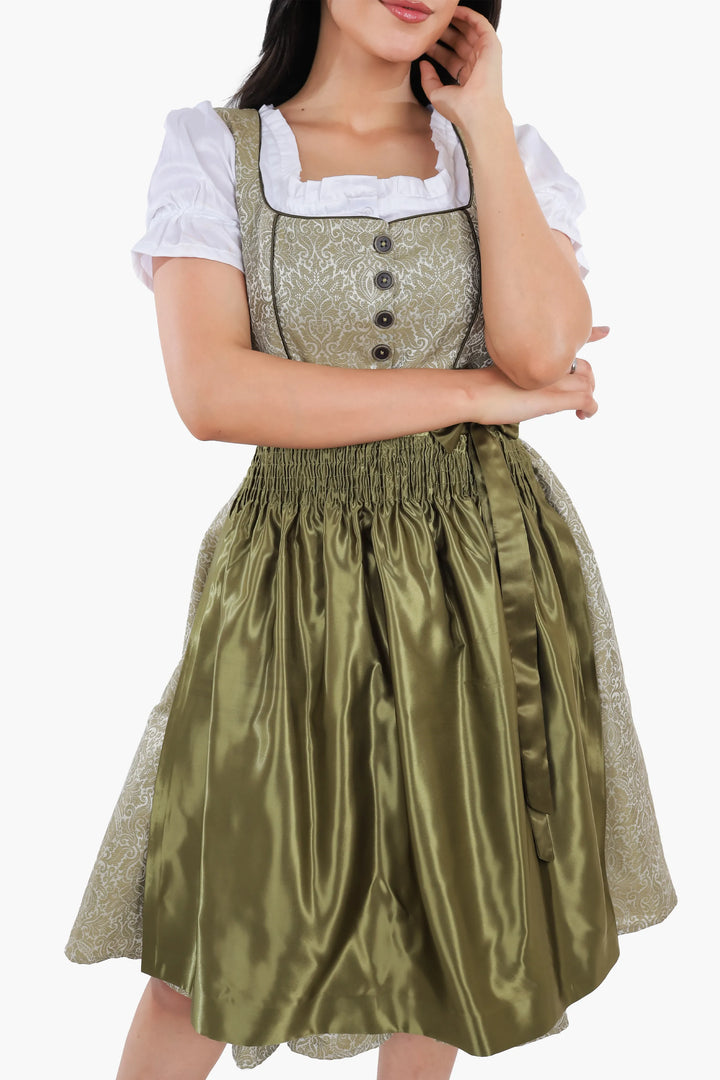 Dirndl Midi Damen Waldgrün | Trachtenkleid mit strukturiertem Mieder, Stickereien und Schürze für Oktoberfest