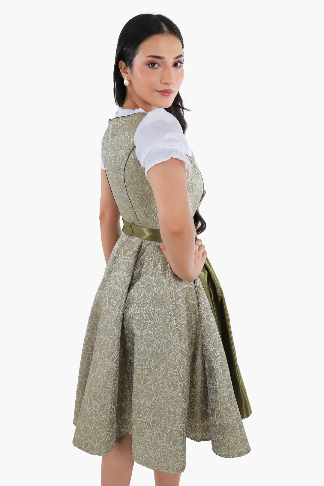 Dirndl Midi Damen Waldgrün | Trachtenkleid mit strukturiertem Mieder, Stickereien und Schürze für Oktoberfest