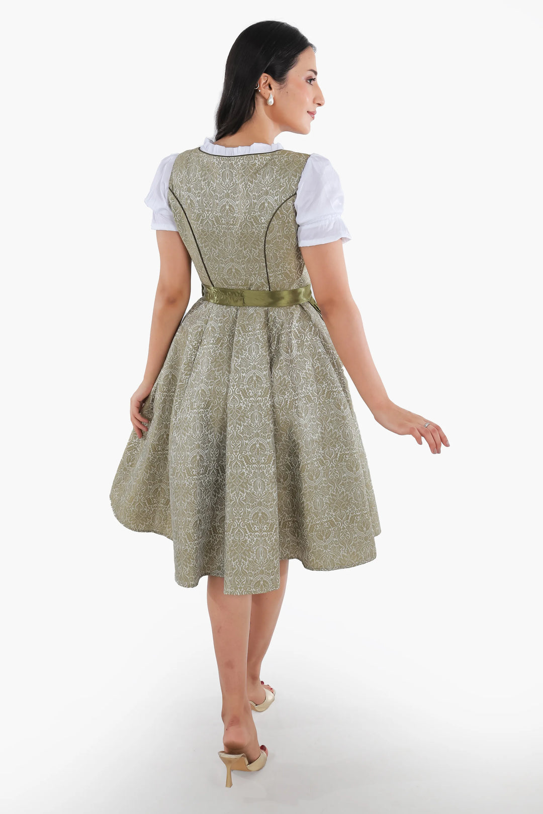 Dirndl Midi Damen Waldgrün | Trachtenkleid mit strukturiertem Mieder, Stickereien und Schürze für Oktoberfest