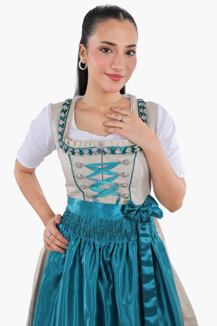 Dirndl Midi Damen | Traditionelles Trachtenkleid mit strukturiertem Mieder, Schürze und A-Linien-Rock für Oktoberfest