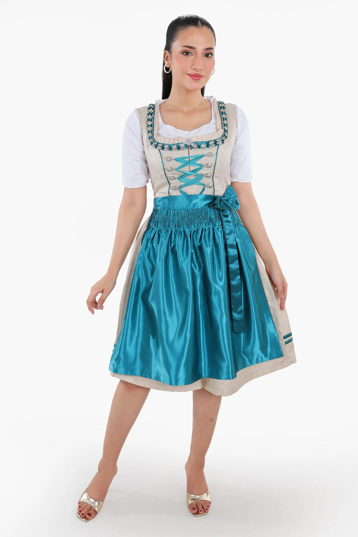 Dirndl Midi Damen | Traditionelles Trachtenkleid mit strukturiertem Mieder, Schürze und A-Linien-Rock für Oktoberfest