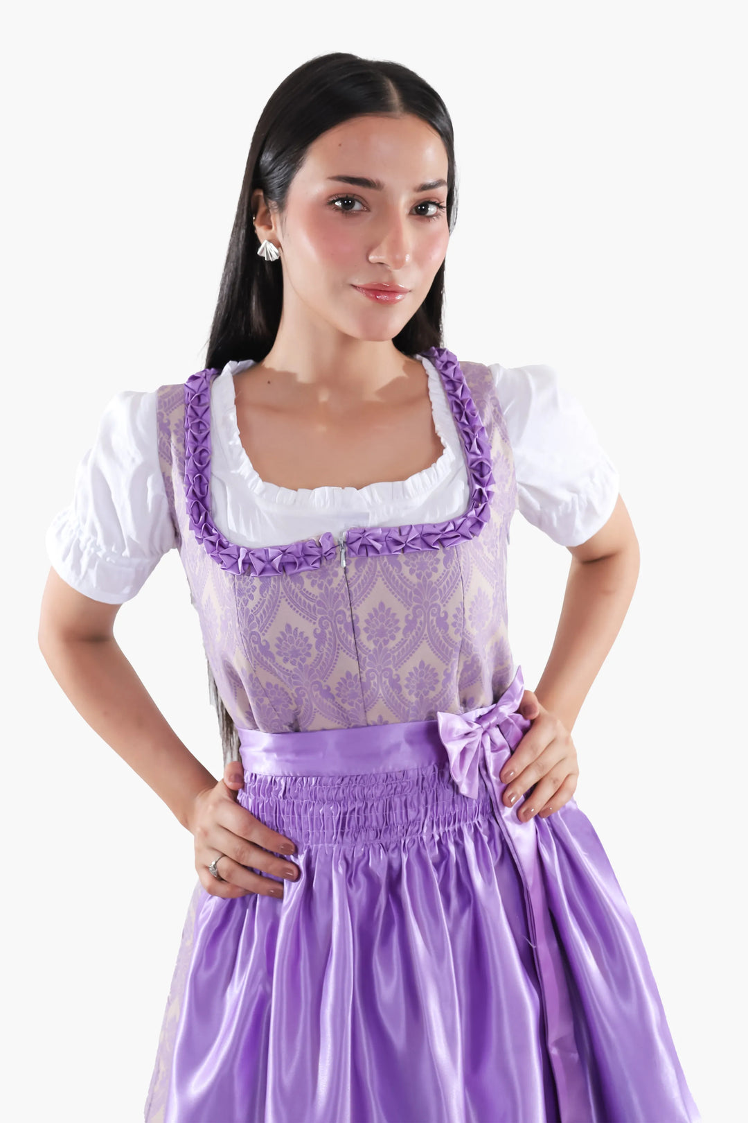 Damen Dirndl | Traditionelles Midi Trachtenkleid mit Stickerei und Schürze für Oktoberfest