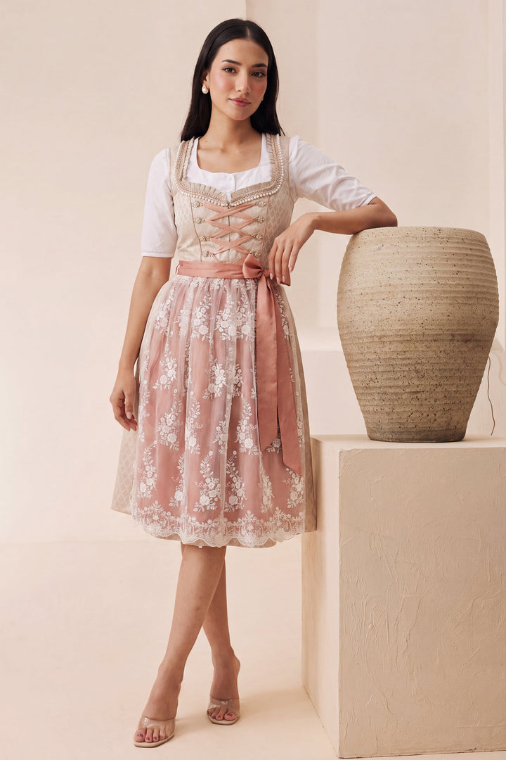 Dirndl Midi Damen Roségold | Trachtenkleid mit strukturiertem Mieder, Stickereien und Schürze für Oktoberfest