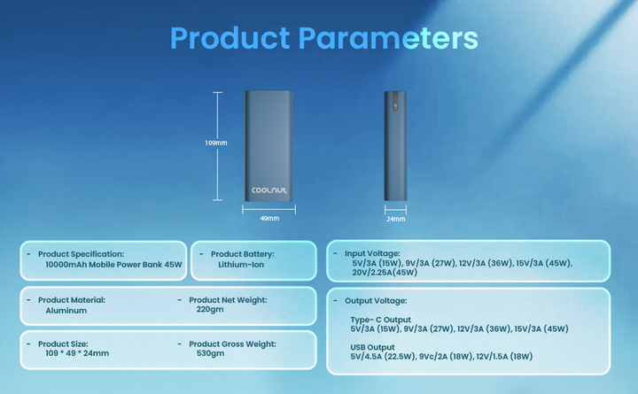 Powerbank | 10.000 mAh mit 45 W PD Schnellladefunktion für Smartphone und Tablet