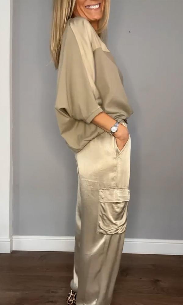 Damen 2-teiliges Set mit Halbarm | Elegantes Oberteil &amp; Unterteil | Bequemer Look für Büro &amp; Alltag