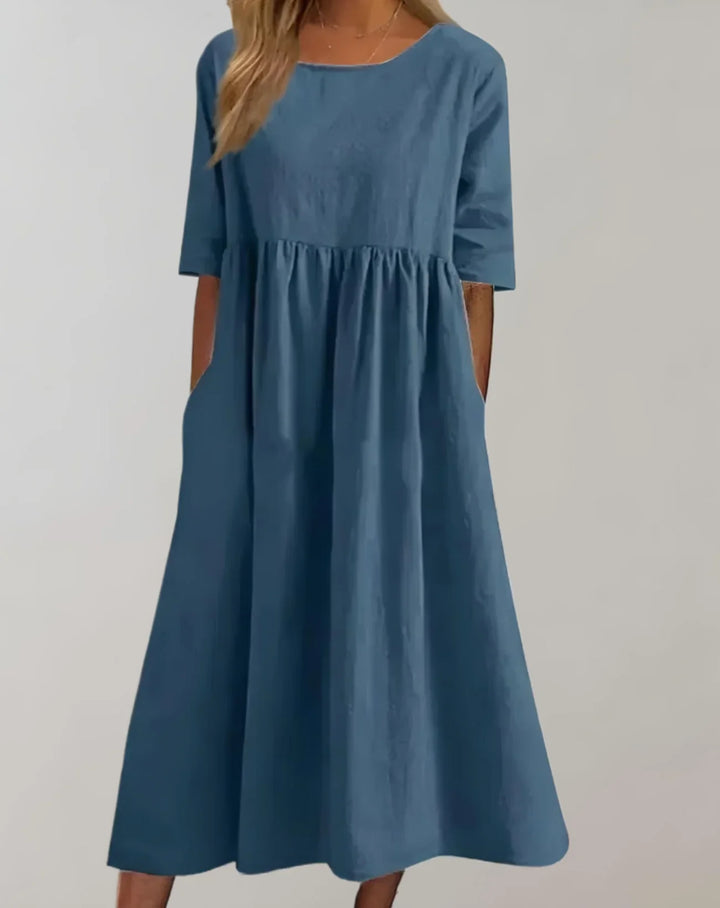 Damen Baumwollkleid mit geraffter Taille | locker &amp; atmungsaktiv | mit Seitentaschen für Alltag, Sommer &amp; Freizeit