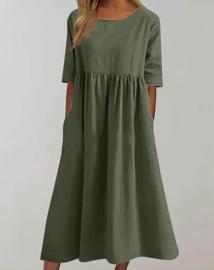 Damen Baumwollkleid mit geraffter Taille | locker &amp; atmungsaktiv | mit Seitentaschen für Alltag, Sommer &amp; Freizeit