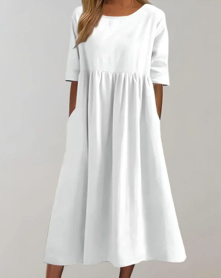 Damen Baumwollkleid mit geraffter Taille | locker &amp; atmungsaktiv | mit Seitentaschen für Alltag, Sommer &amp; Freizeit