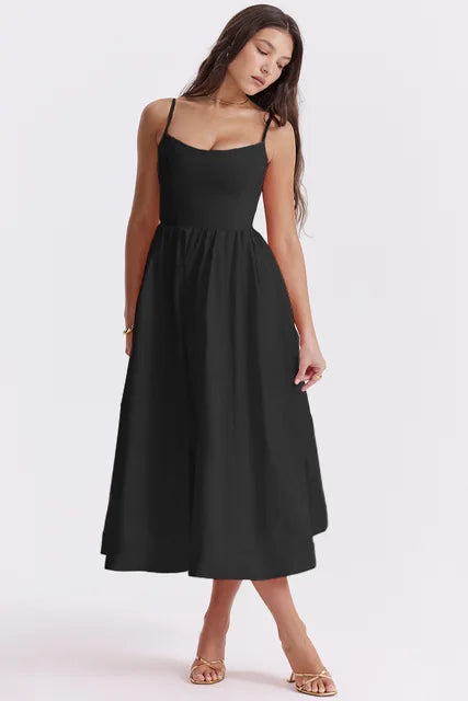 Robe midi élégante en mélange de lin | Corsage cintré &amp; jupe fluide | Bretelles réglables avec poches latérales