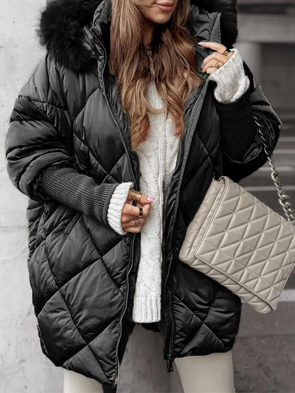 Damen Winterjacke mit Pelzkragen | Warme Jacke mit Kapuze, Karomuster, langen Ärmeln und Reißverschluss für kalte Wintertage