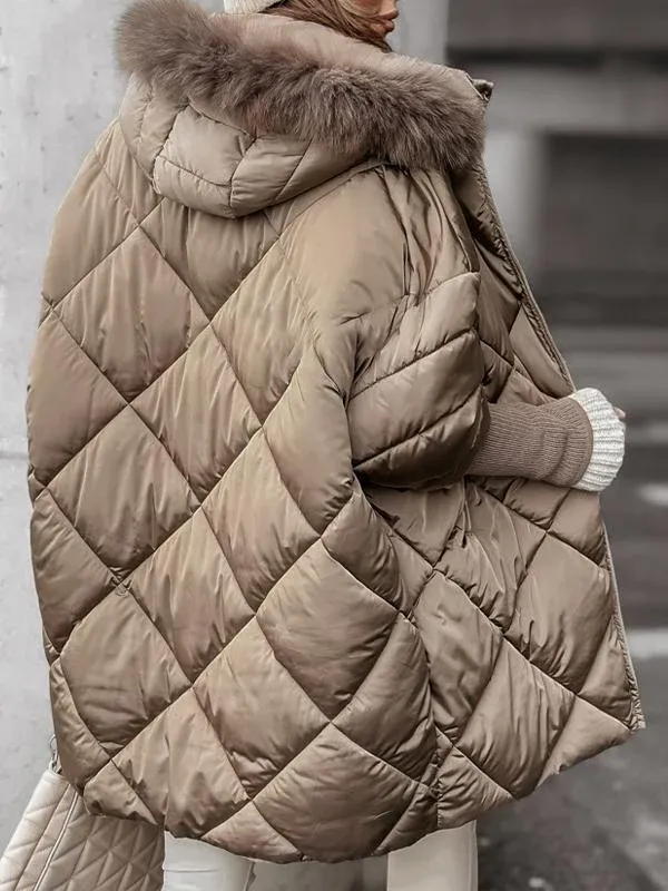 Damen Winterjacke mit Pelzkragen | Warme Jacke mit Kapuze, Karomuster, langen Ärmeln und Reißverschluss für kalte Wintertage
