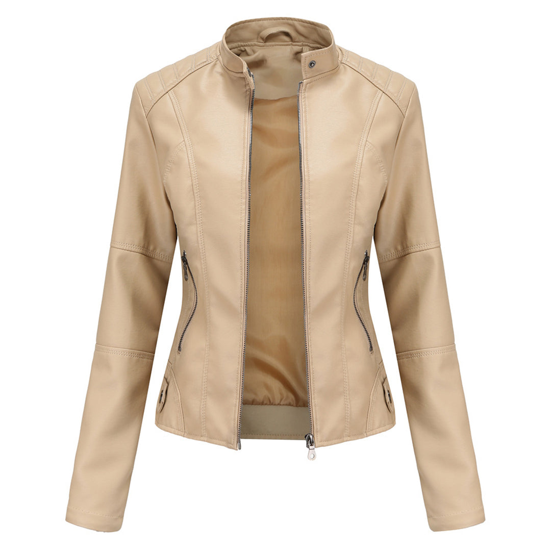 Damen Lederjacke | Taillierte Übergangsjacke mit Reißverschluss, Druckknopfkragen und praktischen Taschen