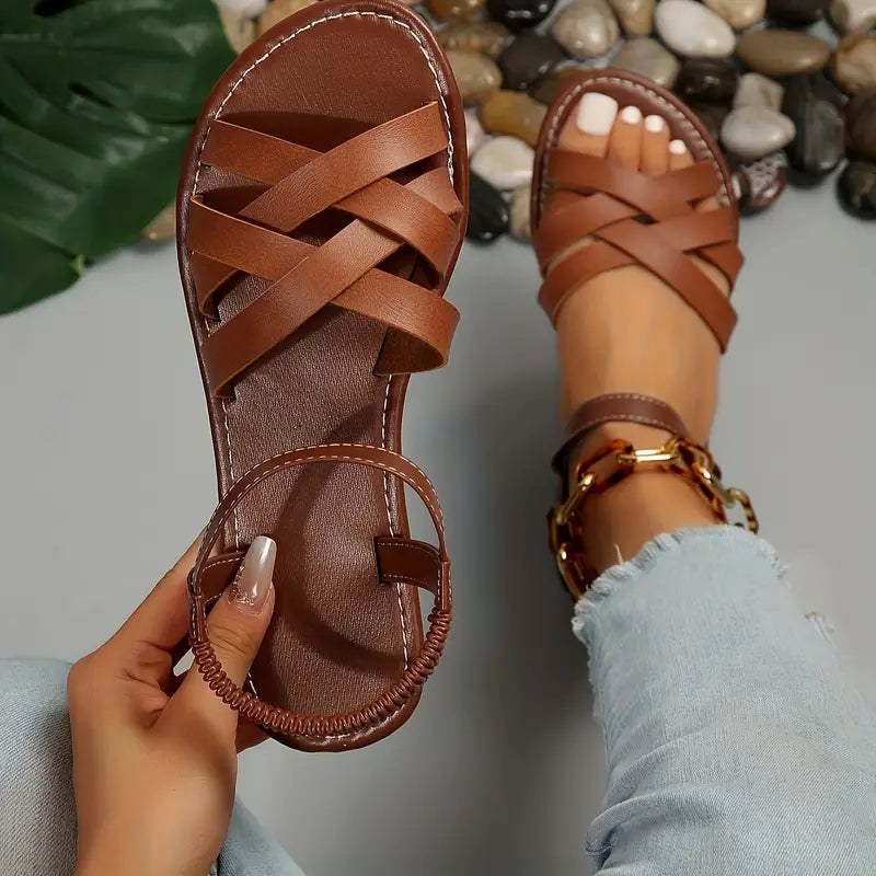 Damen Orthopädische Sandalen mit Geflochtenen Riemen | Bequeme Flachsandalen mit Elastischem Fersenriemen | Sommerschuhe für Alltag &amp; Urlaub