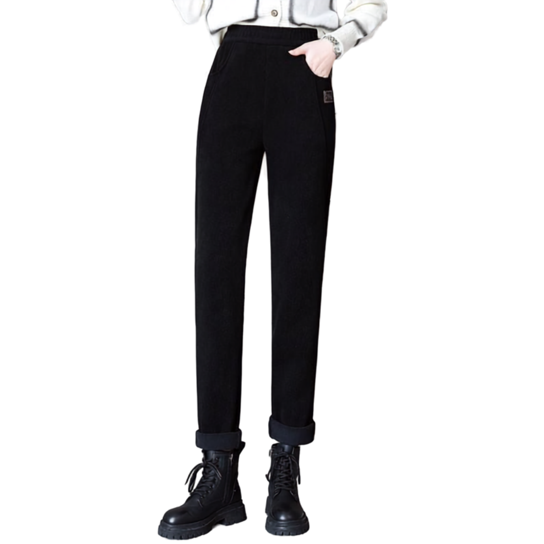 Damen Cordhose mit Fleecefutter | Hoch geschnittene Winterhose mit Taschen und leicht elastischer Passform