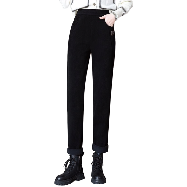 Damen Cordhose mit Fleecefutter | Hoch geschnittene Winterhose mit Taschen und leicht elastischer Passform