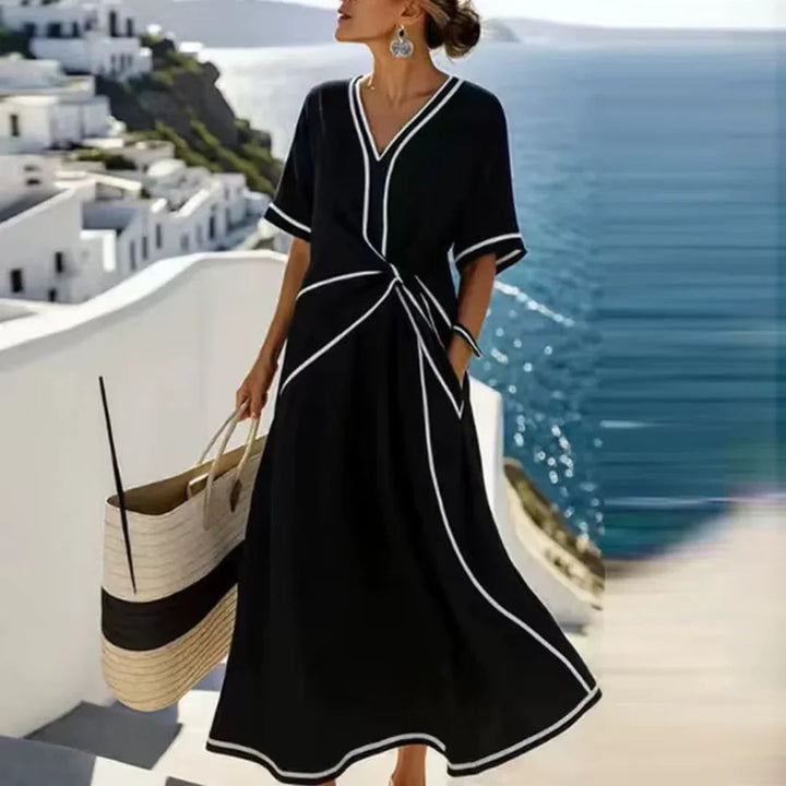 Women’s summer dress with V-neck &amp; waist draping | Light, soft fabric | Casual-chic for vacation &amp; occasions