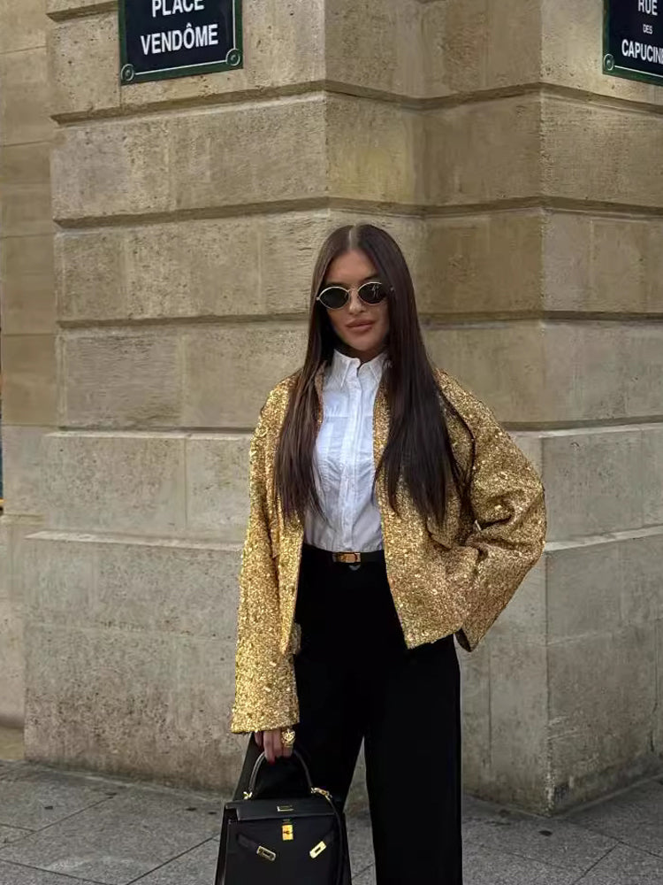 Damen Tweedjacke mit goldenen Pailletten | Eleganter Blazer mit Reverskragen, Knopfleiste und langen Ärmeln für festliche Outfits