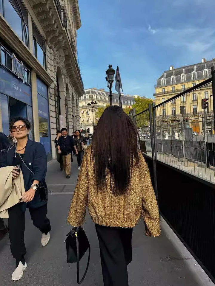 Damen Tweedjacke mit goldenen Pailletten | Eleganter Blazer mit Reverskragen, Knopfleiste und langen Ärmeln für festliche Outfits