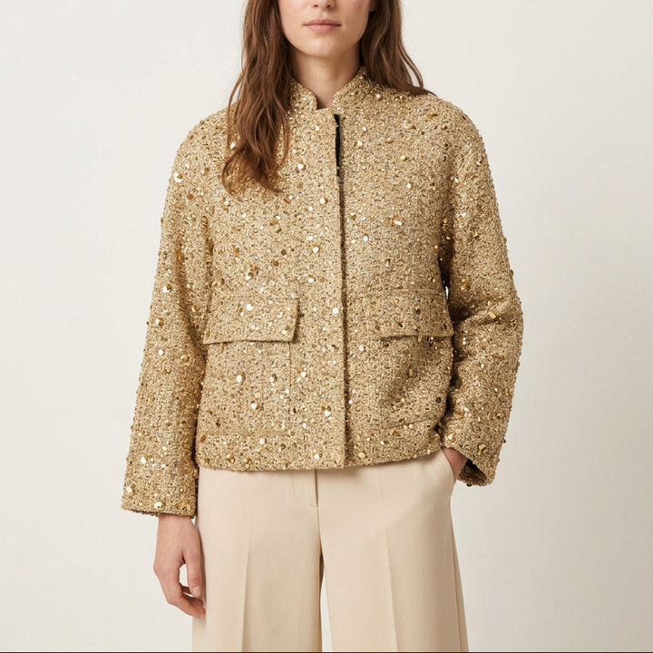 Damen Tweedjacke mit goldenen Pailletten | Eleganter Blazer mit Reverskragen, Knopfleiste und langen Ärmeln für festliche Outfits