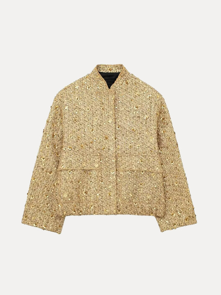 Damen Tweedjacke mit goldenen Pailletten | Eleganter Blazer mit Reverskragen, Knopfleiste und langen Ärmeln für festliche Outfits