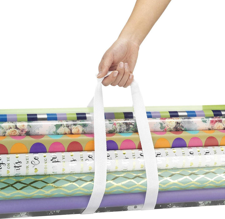 Geschenkpapier Organizer | Transparente Aufbewahrungstasche für bis zu 25 Geschenkpapierrollen mit Reißverschluss und Tragegriffen